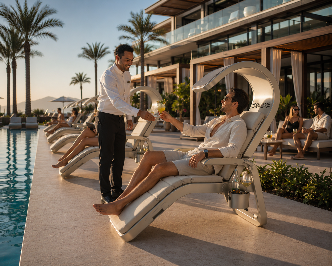 A guest receives a drink at their lounger, without rising, beside the pool at golden hour.